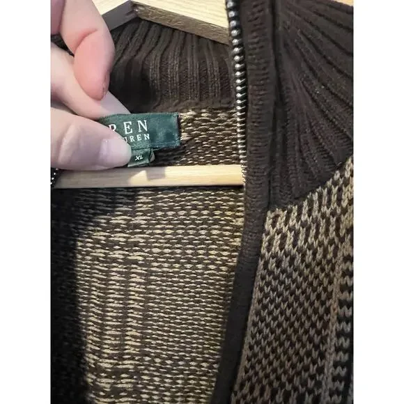 Lauren Ralph Lauren Brown Tan Houndstooth Plaid 100% Cotton Knit Zip Jacket XL - Picture 6 of 10